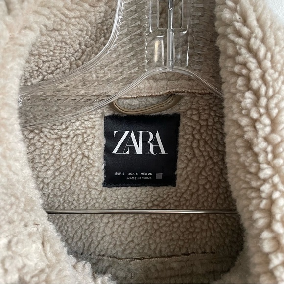 Zara trendy tan beige aviator faux suede Sherpa shearling moto jacket size S - Picture 5 of 15